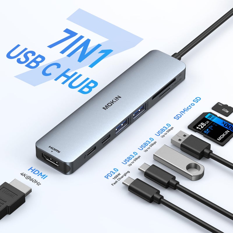 Mokin USB C Hub HDMI Adapter for MacBook Pro/Air, MOKiN 7 in 1 USB C Dongle with HDMI, SD/TF Card Reader, USB C Data Port,100W PD, and 2 USB 3.0 Compatible for MacBook Pro/Air, Dell XPS, Lenovo Thinkpad. - Image 2